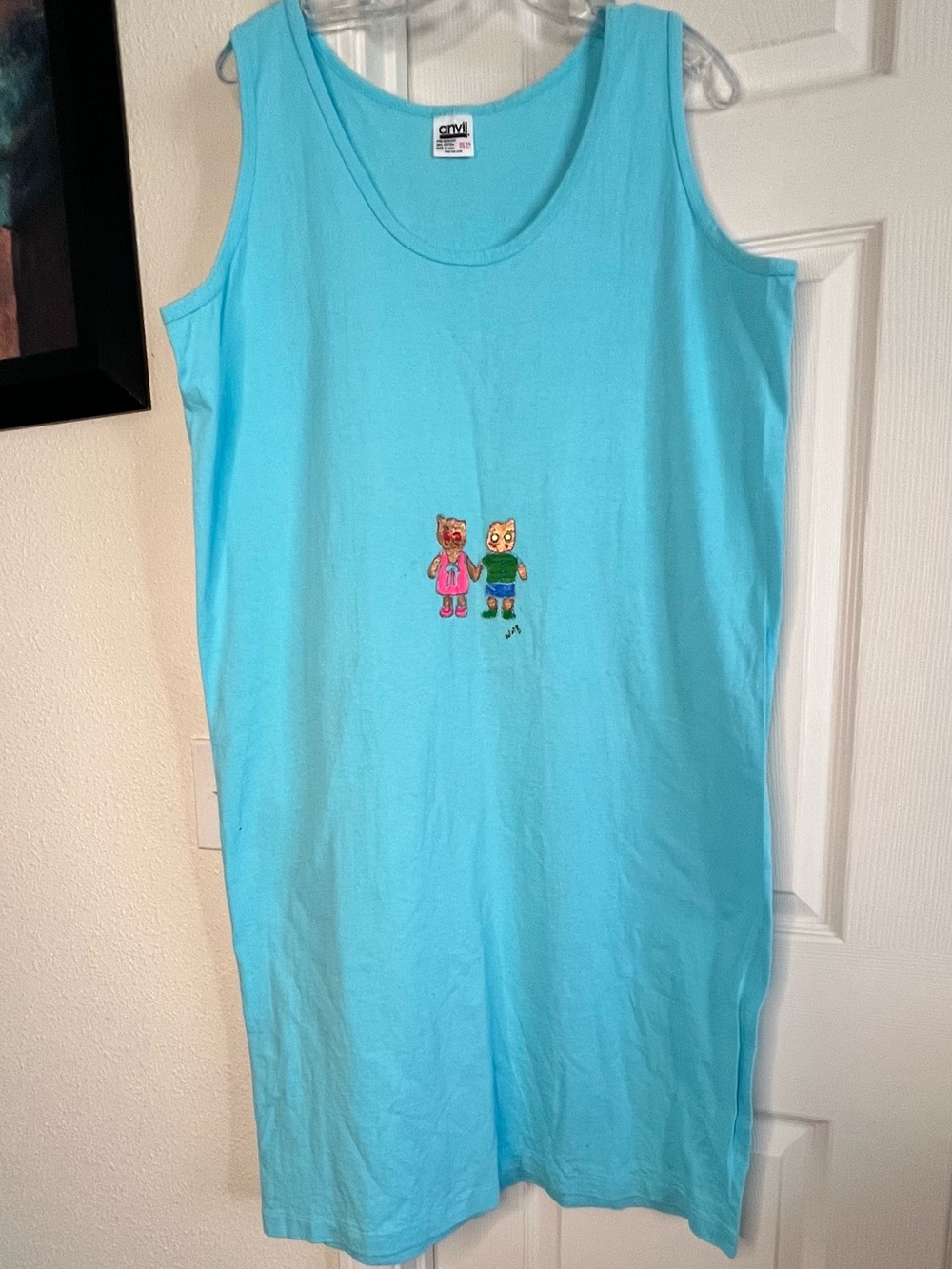 VTG Anvil One Size Tank Dress Fits All  Blue Graphic A-Line USA